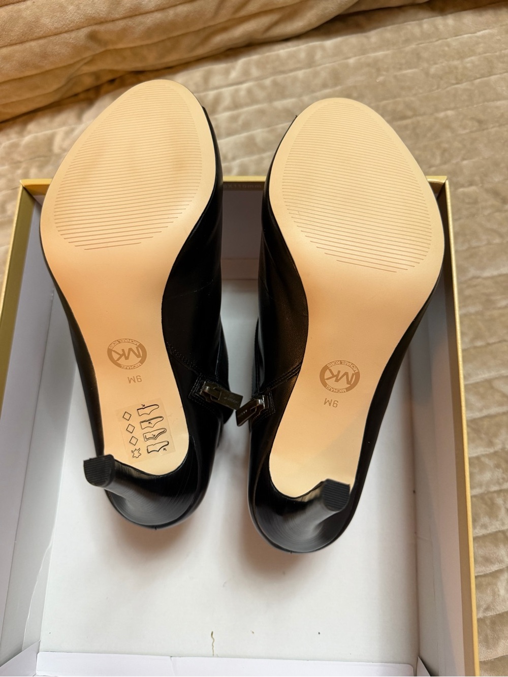 Michael Kors Black Leather Peep-Toe Ankle Booties with Gold Button - Picture 4 of 5